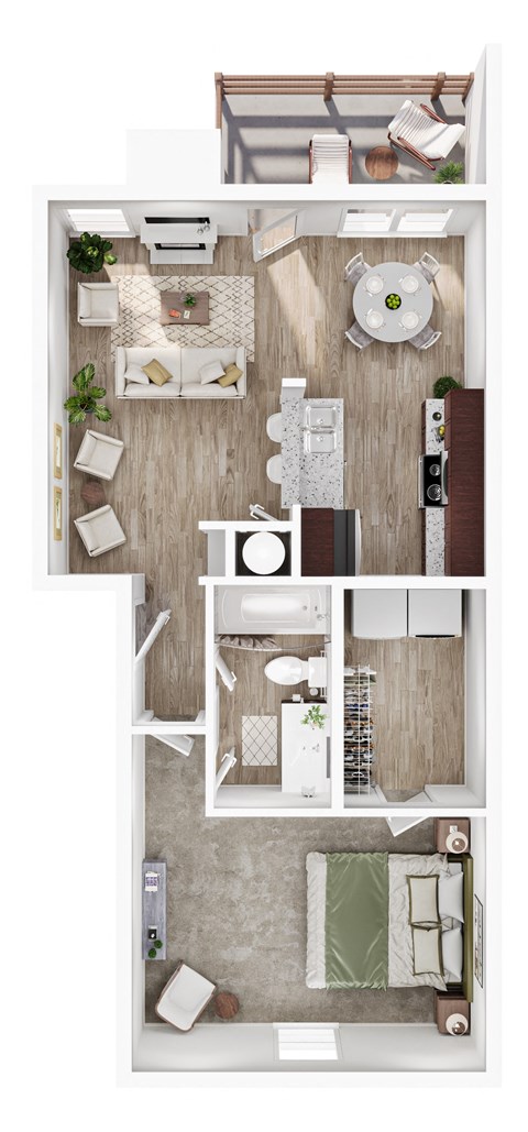 Floor plan for 1 bed, 1 bath, 676 sqft